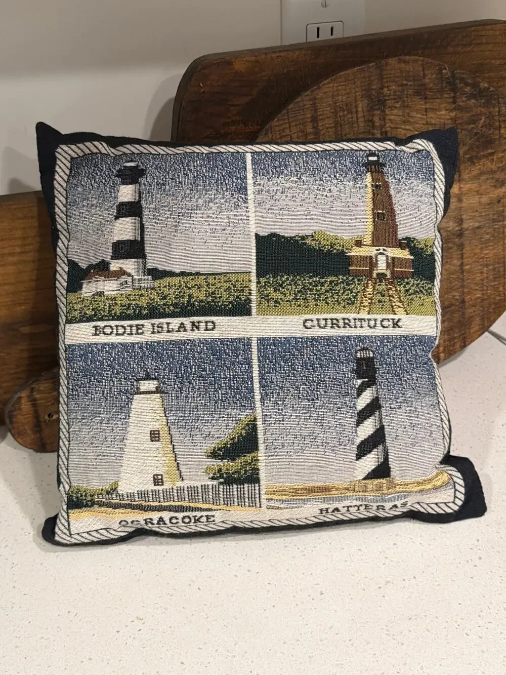 Vintage Lighthouse themed tapestry throw pillow Hatteras Ocracoke